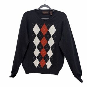 Chatham Road V Neck Modern Fit Charcoal Gray Argyle Cotton Cashmere Sweater - Lg